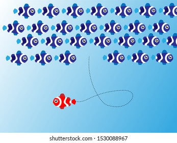 Change Group of red fish change disruptive in one direction and with one individual pointing in the different way. Business concept for change new ideas creativity and innovative solution disrupt
