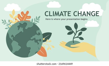 Сlimate change, hand with sprout. Happy Earth Day. The concept of environmental protection and conservation. Design for greeting card, poster, website or print. Flat vector illustration.