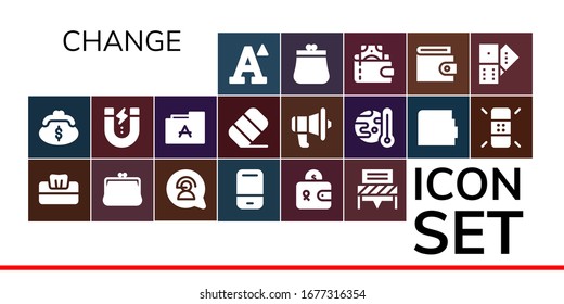 Icon-Set ändern. 19 gefüllte Wechselsymbole.  Einfache, moderne Symbole wie: Schriftart, Zweck, Gewebe, Kommunikation, Radiergummi, Geldbörse, Inhalt, globale Erwärmung, Domino
