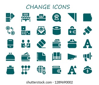  change icon set. 30 filled change icons. Simple modern icons about  - Domino, Communication, Tissue, Napkin, Wallet, Currency, Pistons, Eraser, Change, Purse, Font, Language
