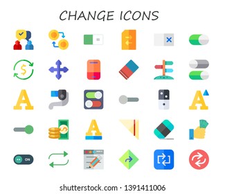 change icon set. 30 flat change icons.  Collection Of - communication, currency, switch, erase, direction, eraser, switches, font, lever, dominoes, cash, napkin, repeat, content