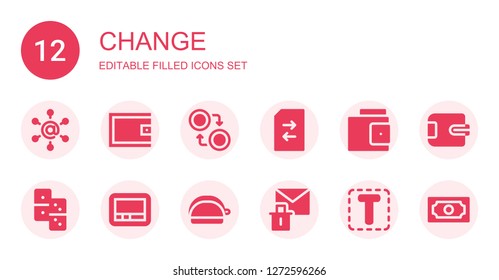 change icon set. Collection of 12 filled change icons included Communication, Wallet, Currency, Change, Domino, Pager, Purse, Erase, Font, Cash