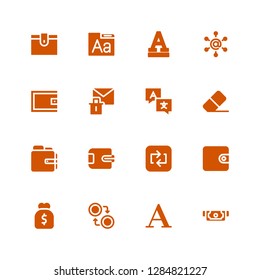 change icon set. Collection of 16 filled change icons included Cash, Font, Currency, Purse, Wallet, Repeat, Eraser, Language, Erase, Communication
