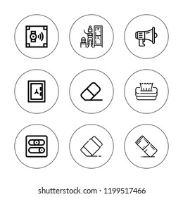 Change icon set. collection of 9 outline change icons with changing room, communications, eraser, safebox, tissue icons. editable icons.