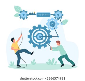 Change, improve work of digital business project vector illustration. Cartoon tiny people spin cogwheels and move gears, turning wheels for better machine operation, success teamwork cooperation