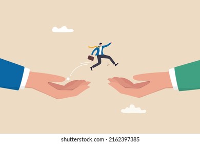 Change Job Or Career, Escape From Toxic Office, Determination And Courage To Change To Better Place, Improvement Or Progression Concept, Confidence Businessman Jumping From Giant Hand To New Place.