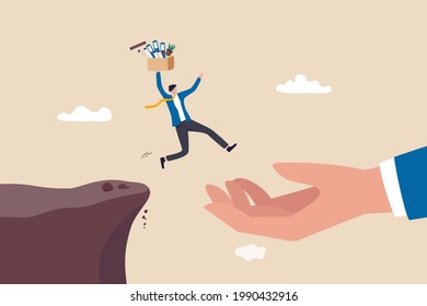 Change job or leaving company for new career opportunity, ambition and decision to change employer concept, brave confident businessman carrying stuffs escape jumping from cliff to helping giant hand.