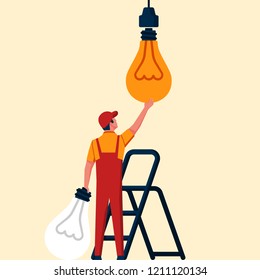 Change Lamp. Replacing The Light Bulb. Electrician Changes The Broken Lamp. Vector Illustration Flat Design. Isolated On White Background. Innovation In Lighting. Technical Worker.