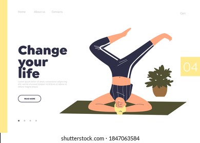 Change life concept of landing page with woman practicing head stand yoga pose while training. Meditation, healthy lifestyle and balance. Template flat vector illustration