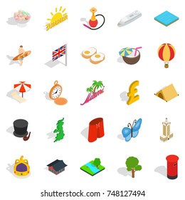 Change of location icons set. Isometric set of 25 change of location vector icons for web isolated on white background