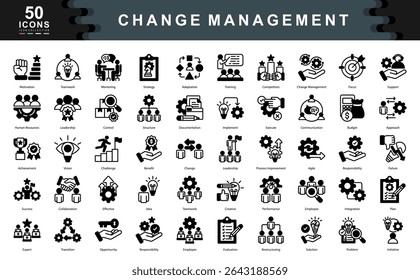 The Change Management black icon set captures core aspects of transition, leadership, and strategic execution ideal for managing organizational shifts, performance alignment, and employee engagement.