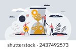 Change management and business transformation process tiny person concept. Effective company evolution with complex transition and teamwork vector illustration. Process automation for productivity.