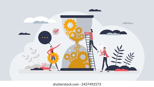 Change management and business transformation process tiny person concept. Effective company evolution with complex transition and teamwork vector illustration. Process automation for productivity.