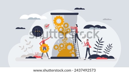 Change management and business transformation process tiny person concept. Effective company evolution with complex transition and teamwork vector illustration. Process automation for productivity.