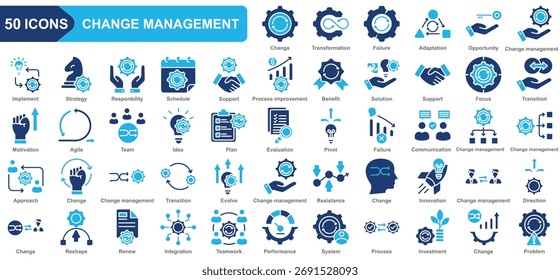 Cambiar conjunto de iconos de colección de administración. Rendimiento, Proceso, Cambio, Fracaso, Plan, Oportunidad, Estrategia, Asistencia. Vector plano simple.
