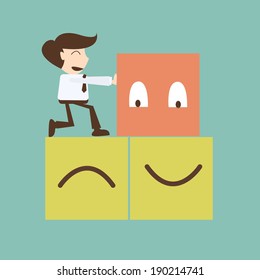 Change management concept - businessman push  box happy