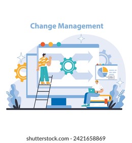 Change Management concept. Dynamic illustration of organizational transformation with focus on strategy implementation and performance analysis. Navigating progress and adaptation.