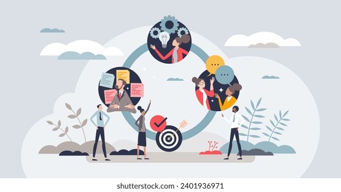 Change management cycle with personal improvement process tiny person concept. Growth or progress with new strategy implementation vector illustration. Business negotiation and communication circle.