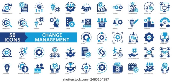 Change management icon collection set. Containing plan ,motivation ,idea, teamwork, support, business process, transition icon. Simple flat vector