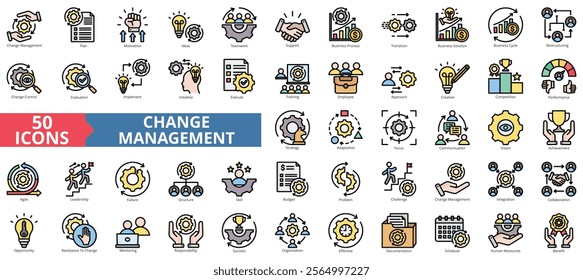 Change management icon collection set. Containing plan, motivation, idea, teamwork, support, business process, transition icon. Simple flat outline vector illustration