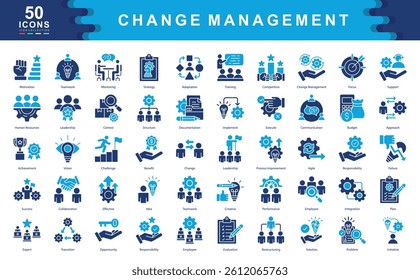 The Change Management icon set captures core aspects of transition, leadership, and strategic execution ideal for managing organizational shifts, performance alignment, and employee engagement.
