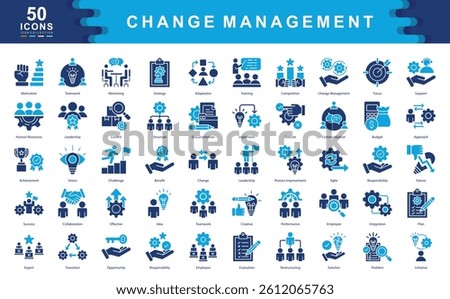 The Change Management icon set captures core aspects of transition, leadership, and strategic execution ideal for managing organizational shifts, performance alignment, and employee engagement.