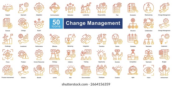 Conjunto de ícones de Gerenciamento de Alterações contendo 50 ícones, incluindo suporte, abordagem, adaptação, comunicação, motivação, liderança, responsabilidade, plano, avaliação, vetores simples.