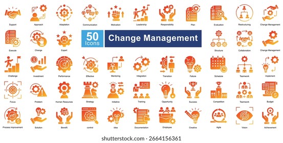 Conjunto de iconos de Gestión del Cambio que contiene 50 iconos que incluyen, Asistencia, enfoque, adaptación, comunicación, motivación, liderazgo, responsabilidad, Plan, evaluación, Vectores simples.