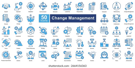 Change Management icon set containing 50 icons including, support, approach, adaptation, communication, motivation, leadership, responsibility, plan, evaluation, simple vectors.