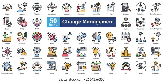 Conjunto de iconos de Gestión del Cambio que contiene 50 iconos que incluyen, Asistencia, enfoque, adaptación, comunicación, motivación, liderazgo, responsabilidad, Plan, evaluación, Vectores simples.