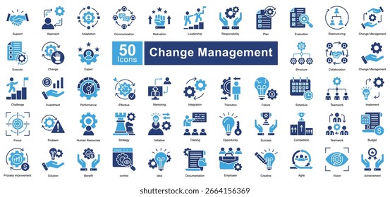 Change Management icon set containing 50 icons including, support, approach, adaptation, communication, motivation, leadership, responsibility, plan, evaluation, simple vectors.