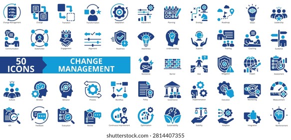change management icon set contains transition, transformation, adaptation, adjustment, planning, strategy, roadmap, vision, leadership, adoption, stakeholder, impact, reinforcement, implementation