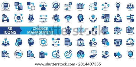change management icon set contains transition, transformation, adaptation, adjustment, planning, strategy, roadmap, vision, leadership, adoption, stakeholder, impact, reinforcement, implementation