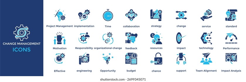 conjunto de iconos de gestión de cambios. con icono Gestión de proyectos, implementación, tiempo, colaboración, estrategia, cambio