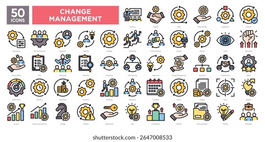 Conjunto de colecciones de íconos de Gestión del Cambio, que incluyen liderazgo, estrategia, adaptación, trabajo en equipo y mejora de procesos. Ideal para presentaciones, infografías y materiales de negocios.