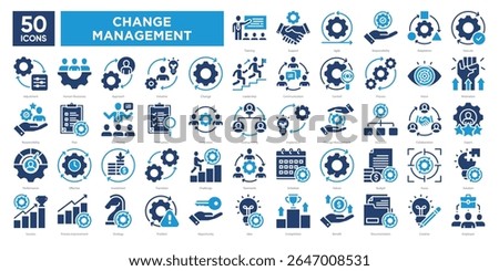 Change Management icons collection set, including leadership, strategy, adaptation, teamwork, and process improvement. Ideal for presentations, infographics, and business materials.
