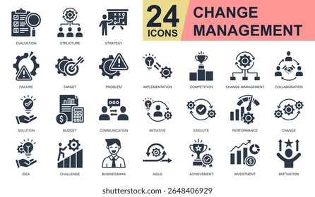 Los iconos de gestión de cambios establecen la Ilustración vectorial. Contiene evaluación, estrategia, implementación, colaboración, inversión y más. Colección de iconos de glifo simple.