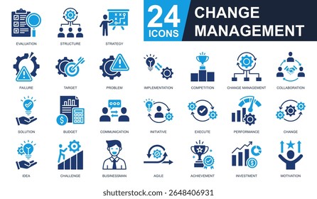 Change Management Icons set vector illustration. Containing evaluation, strategy, implementation, collaboration, investment and more. Simple solid icons collection.