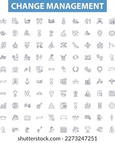 Change management line icons, signs set. Transformation, Agility, Transition, Adaptation, Revision, Modification, Improvement, Reinvention, Evolution outline vector illustrations.