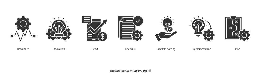 Change Management Process icon set vector resistance, innovation, trend, checklist, problem solving, implementation, plan