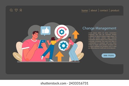 Change Management in IT project management. Visualizes the adaptation process, embracing innovation, and implementing improvements. Focus on dynamic team engagement. Flat vector illustration.