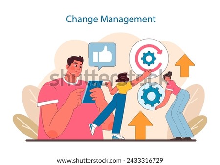 Change Management in IT project management. Visualizes the adaptation process, embracing innovation, and implementing improvements. Focus on dynamic team engagement. Flat vector illustration.
