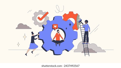 Change management strategy for company evolution retro tiny person concept. Corporate transformation process with complex challenges and effective solutions vector illustration. Teamwork strength.