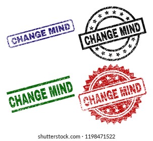 CHANGE MIND seal prints with damaged surface. Black, green,red,blue vector rubber prints of CHANGE MIND caption with dirty texture. Rubber seals with circle, rectangle, medallion shapes.
