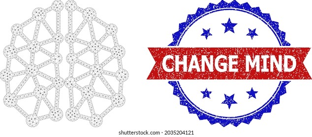 Change Mind textured watermark, and AI structure icon mesh structure. Red and blue bicolor stamp contains Change Mind title inside ribbon and rosette. Abstract flat mesh AI structure,