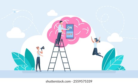 Change mindset, attitude or control mind. Brain power switch, turned on works fine, awake. Optimistic thinking concept. Tiny people help shifting or switch gear on human brain. Vector illustration