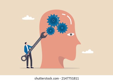 Change mindset or attitude, psychology or brain training to learn new skill to success, mentor or coaching concept, businessman with wrench to adjust gear cogwheels on human head metaphor of mindset.