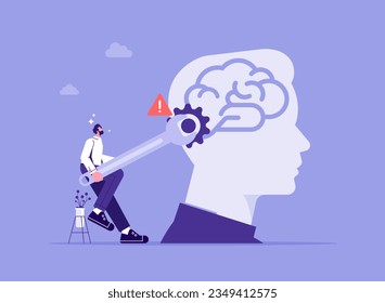 Change mindset or attitude, psychology or brain training to learn new skill to success concept, businessman with wrench to adjust gear cogwheels on human head metaphor of mindset