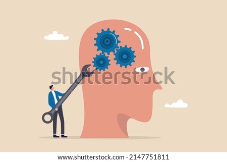 Change mindset or attitude, psychology or brain training to learn new skill to success, mentor or coaching concept, businessman with wrench to adjust gear cogwheels on human head metaphor of mindset.