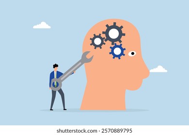 Change mindset, entrepreneur holding a wrench to modify gear cogs on a human head as a metaphor for mindset. 